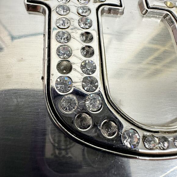 Rhinestone Studded U Letter Initial Monogram Silver Tone Belt Buckle - Picture 4 of 9